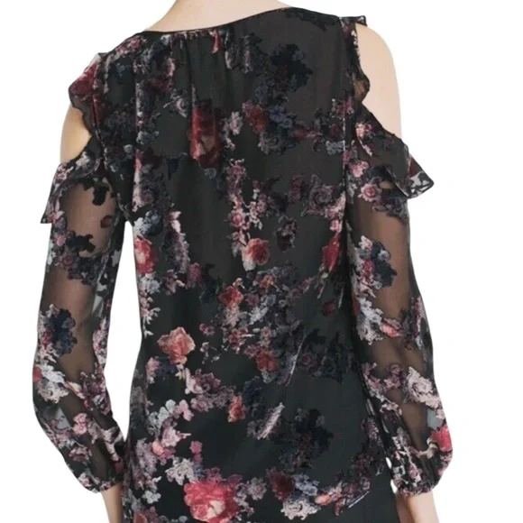White House Black Market Black Velvet & Mesh Floral Blouse - Picture 7 of 9